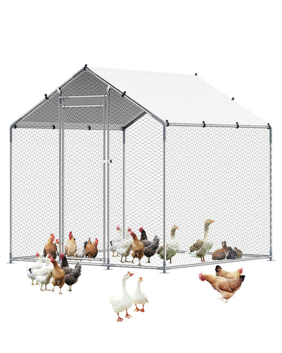 VEVOR Metal Chicken Coop, 6.56x6.56x6.56ft Walk in Chicken Runs for Yards with Cover, Spire Roof Hen House Enclosure with Security Lock, Outdoor Duck Rabbit Poultry Cage Pen for Backyard, Farm, Yard