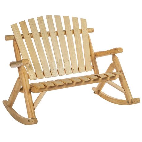Outsunny Outdoor Wooden Rocking Chair, Double-Person Adirondack Rocking Patio Chair with Rustic High Back, Slatted Seat and Backrest for Indoor, Backyard, Garden, Natural Outsunny