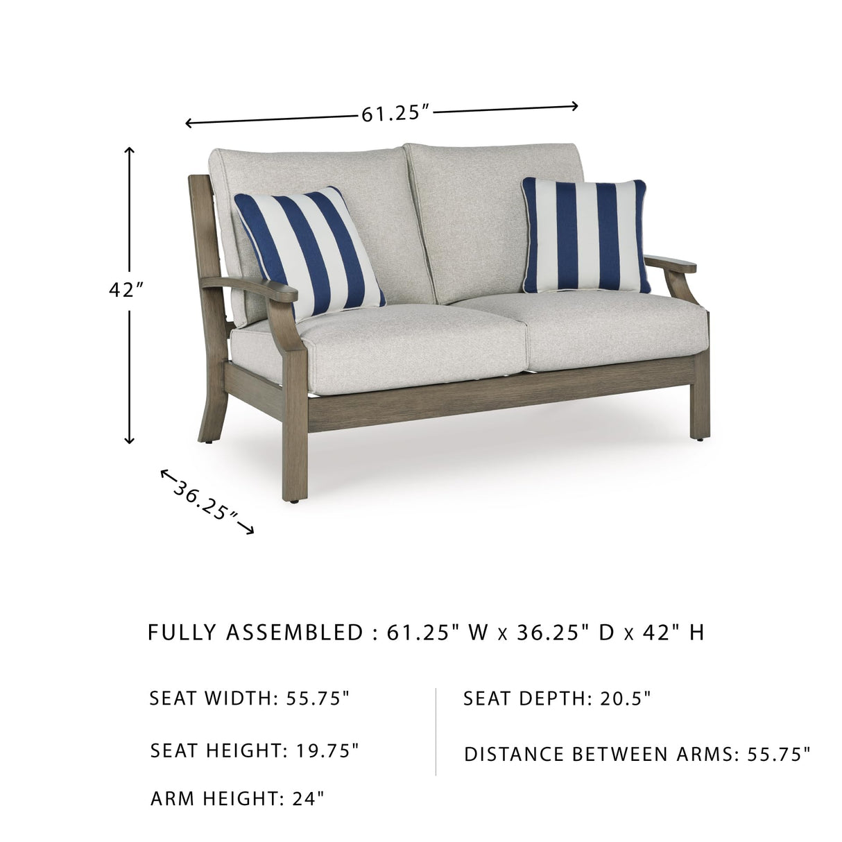 Signature Design by Ashley Rainier Ranch Casual Weather Resistant Outdoor Loveseat with Cushion and 2 Accent Pillows, Light Brown & Light Gray Signature Design by Ashley