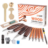 Wood Carving Kit 22PCS Wood Carving Tools Hand Carving Knife Set with Anti-Slip Cut-Resistant Gloves, Needle File Wood Spoon Carving Kit for Beginners Whittling Kit for Kids Adults Woodworking DIY POLIWELL