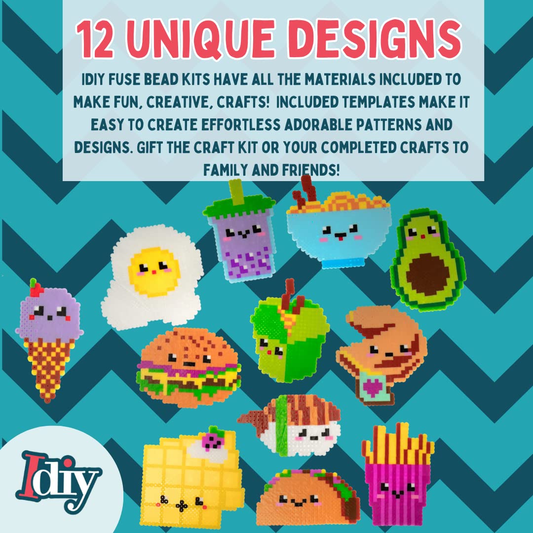 10,000pc DIY Fuse Bead Kit w Carrying Case - Fun Foods - 22 Colors, 12 Unique Templates, 4 Peg Boards, Tweezers, Ironing Paper, Case - Pixel Art Color by Numbers Craft Gift SCS Direct