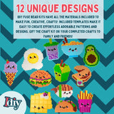 10,000pc DIY Fuse Bead Kit w Carrying Case - Fun Foods - 22 Colors, 12 Unique Templates, 4 Peg Boards, Tweezers, Ironing Paper, Case - Pixel Art Color by Numbers Craft Gift SCS Direct