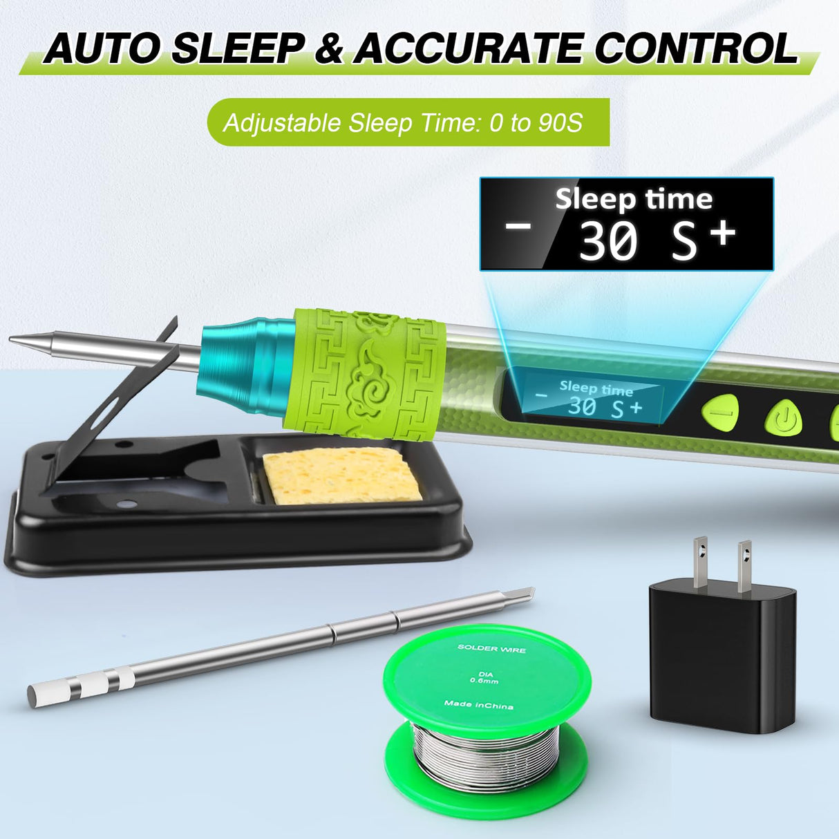 Soldering Iron Kit, Soldering Gun with OLED Digital Display, 8 Seconds Fast Heating 356-896℉ Solder Kit, Auto Sleep, Includes Solder Wire, Stand, T12 Tips for Electronics, Green(With Power Adapter) Crtsweker