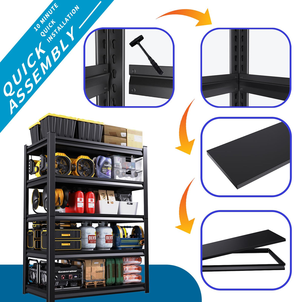 59''W/72''H Garage Shelving Heavy Duty 5-Tier Adjustable Storage Shelves Unit,3000 LBS Metal Utility Rack Shelf for Industries, Warehouses, Basement,Black (72''H x 59''W x 20''D) LBVSKK