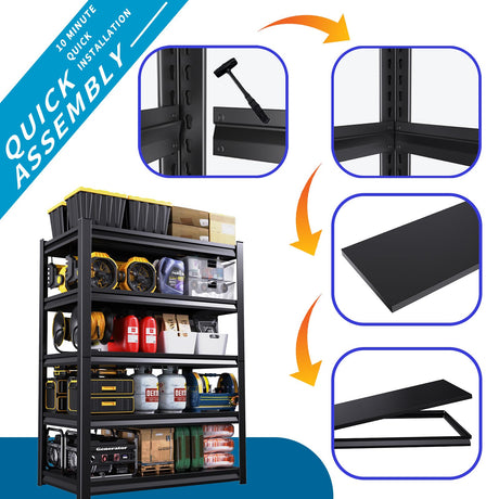 59''W/72''H Garage Shelving Heavy Duty 5-Tier Adjustable Storage Shelves Unit,3000 LBS Metal Utility Rack Shelf for Industries, Warehouses, Basement,Black (72''H x 59''W x 20''D) LBVSKK