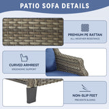 Bellefurn Patio Sofa Couch Outdoor Wicker Sofa PE Rattan 3-Seat Couch with Curved Armest Water Resistant Cushions for Garden Balcony Sunroom Poolside, Grey Wicker|Blue Cushions, Sofa(1PC) Bellefurn