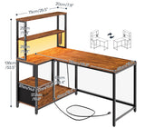 HOOBRO L Shaped Gaming Desk, Reversible Computer Desk with LED Light & Power Outlet, Corner Desk with Storage Shelves & Drawer, for Home Office, Study, Rustic Brown and Black BF18UDDN01 HOOBRO