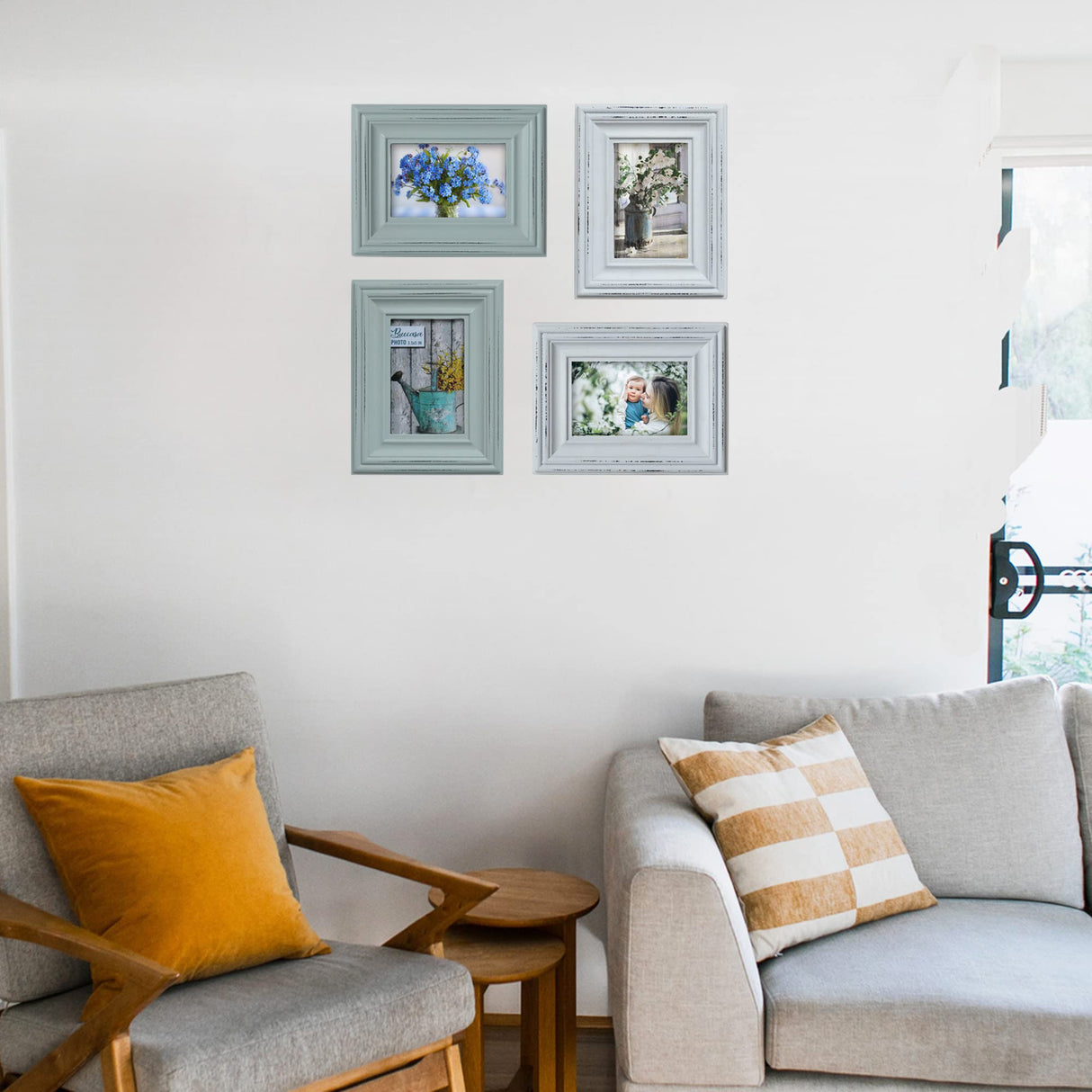 Buecasa Rustic 4x6 Inches Wooden Picture Frame Pack of 2 Vintage Cyan and White in Gift Box - Distressed Wood High Definition Glass Photo Frame Outside 6x8 Inches Buecasa