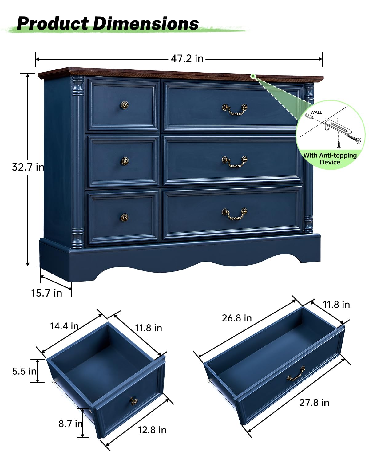 6 Drawers Dresser, Farmhouse Chest of Drawers with Charging Station, Refined Blue Finish Design, Modern Storage Dressers Organizer TV Stand for Bedroom, Living Room, Hallway, Indigo Blue LegacyAmerhome
