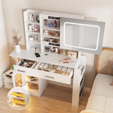 Vabches Vanity Desk with Mirror and Lights, Makeup Vanity with Charging Station, Vanity Table with Drawers, Shelves and Large Storage Cabinet for Home and Bedroom Vabches