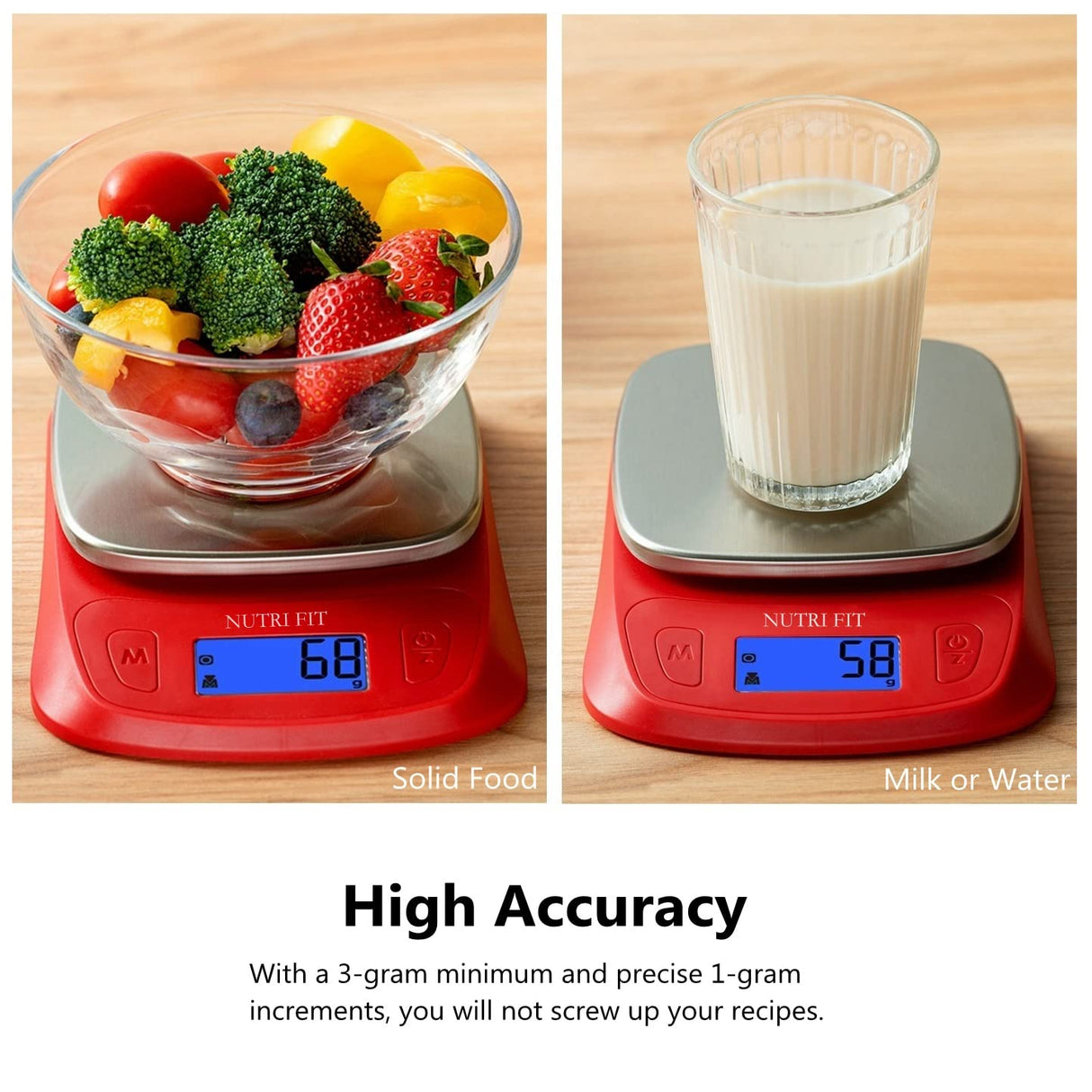 NUTRI FIT Ultra Slim Food Scale Digital Kitchen 1g Increment Measure in lb oz ml High Precision Weight in Grams and oz for Coffee Making, Meal Prep - Red/Stainless Steel NUTRI FIT