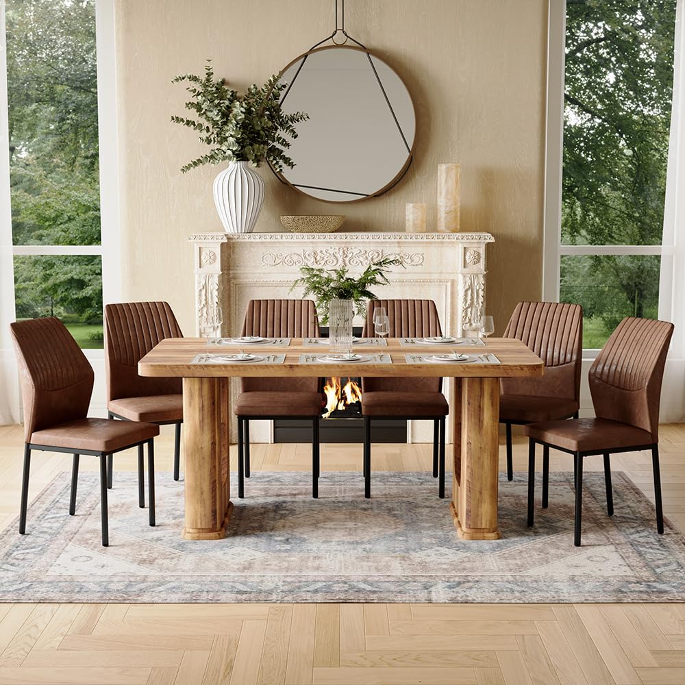 Rejeke 64.5" Dining Room Table Set for 6, Modern Farmhouse Wood Dining Table Set with Decorative Pedestal Legs & 6 Cushioned Chairs,Rustic Brown Kitchen Table Set for Kitchen, Easy Assembly Rejeke