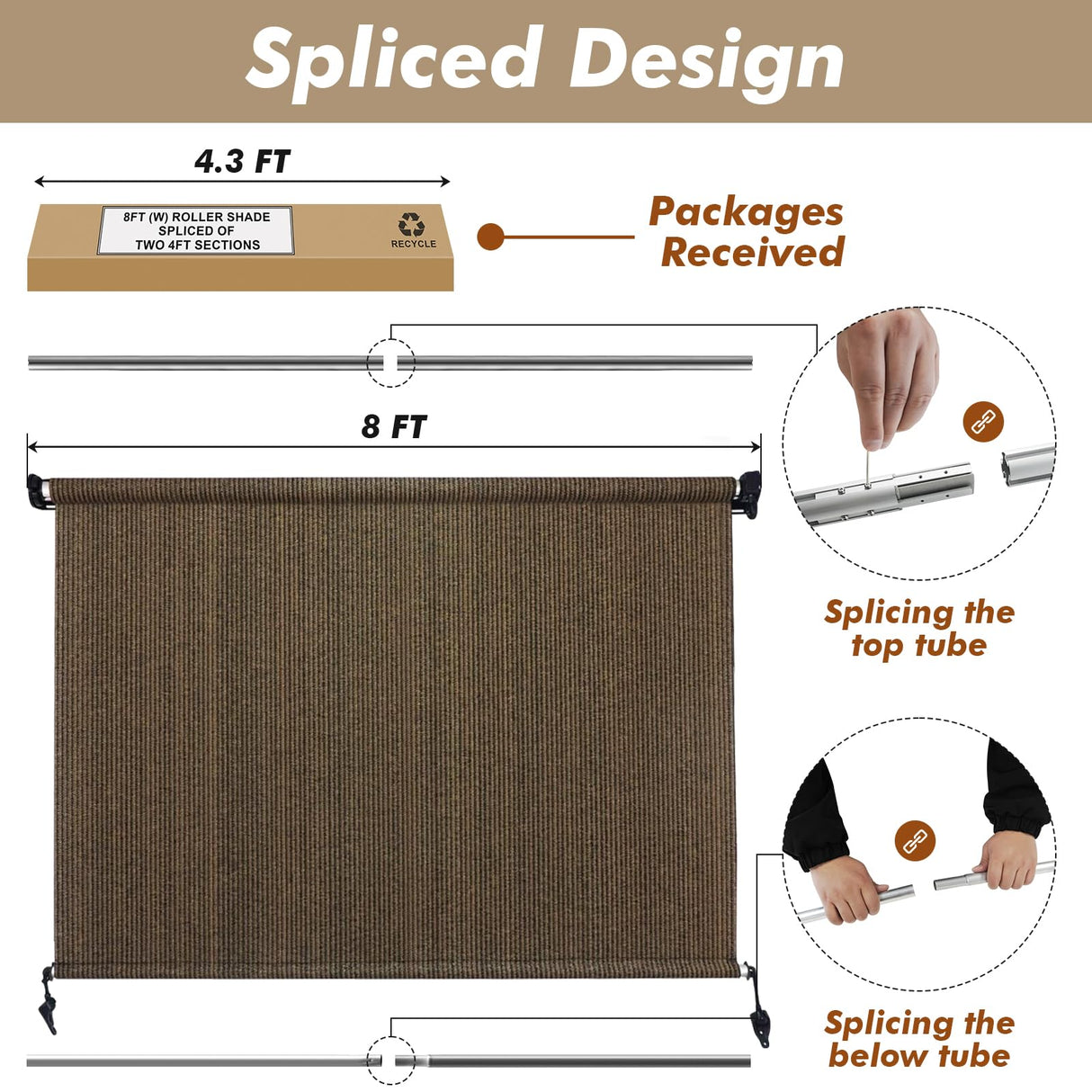 Amagenix Outdoor Roller Shades, 220GSM HDPE Exterior Cordless Patio Shades Roll Up Outdoor Blinds for Porch Gazebo 8'(W) x 6'(H), Spliced of Two Sections, Mocha Amagenix