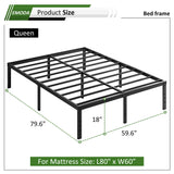 EMODA Queen Bed Frame No Box Spring Needed 18 Inch Heavy Duty Metal Tall Platform Bed Frame Queen Size with Large Storage Space, Easy Assembly, Black EMODA