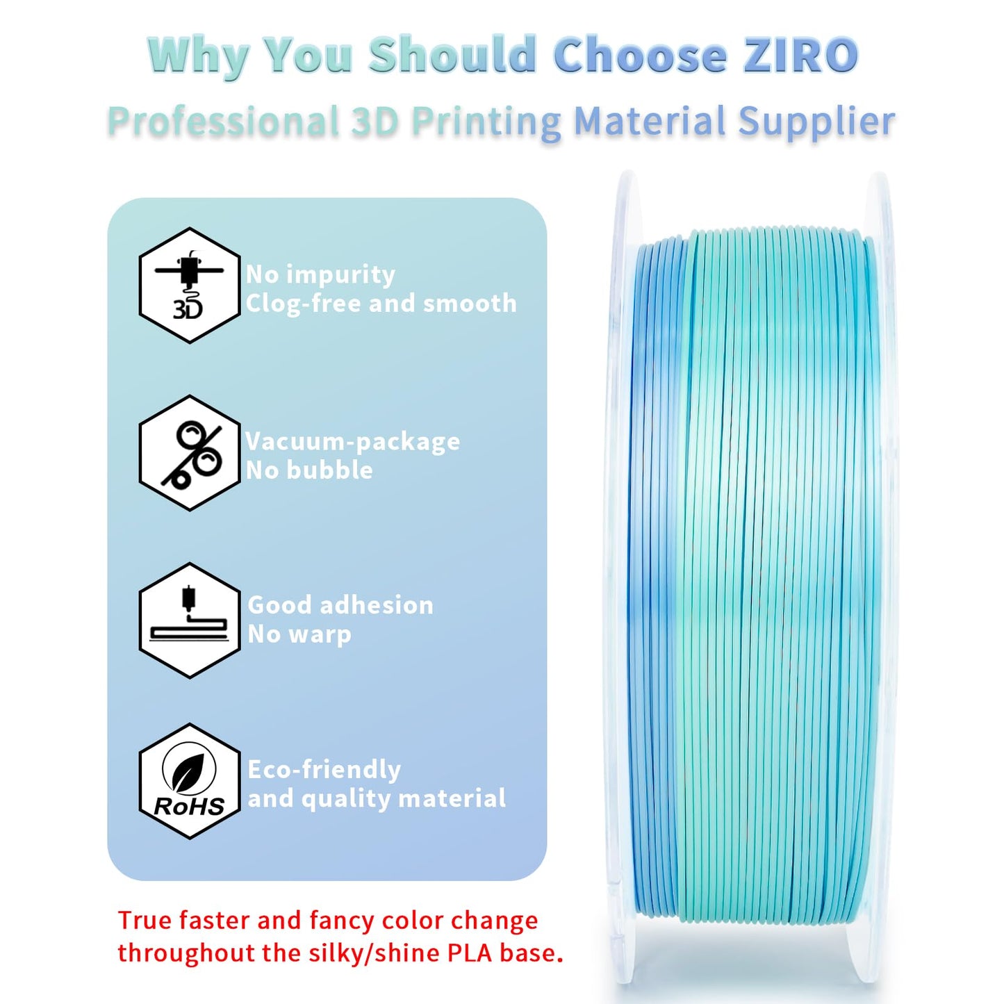 ZIRO Silk Fast Color Changing PLA Filament, Shine Multi Colors Filament 1.75mm, Color Change by Length 3D Printer Filament, Dimensional Accuracy +/-0.03mm, Fit Most 3D Printers, Personality P - WoodArtSupply