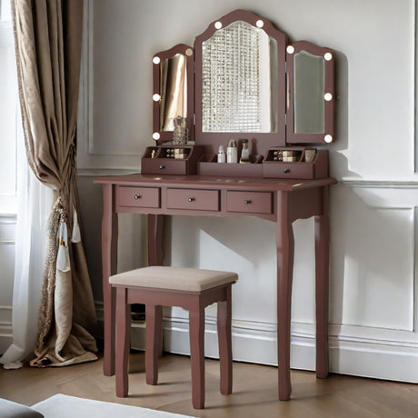 NEDYO Vanity Table, Vintage Vanity Desk with Mirror and Lights, Tri-Fold Mirror Small Makeup Vanity with Chair, Vanity Set for Bedroom and Small Spaces. Terracotta NEDYO
