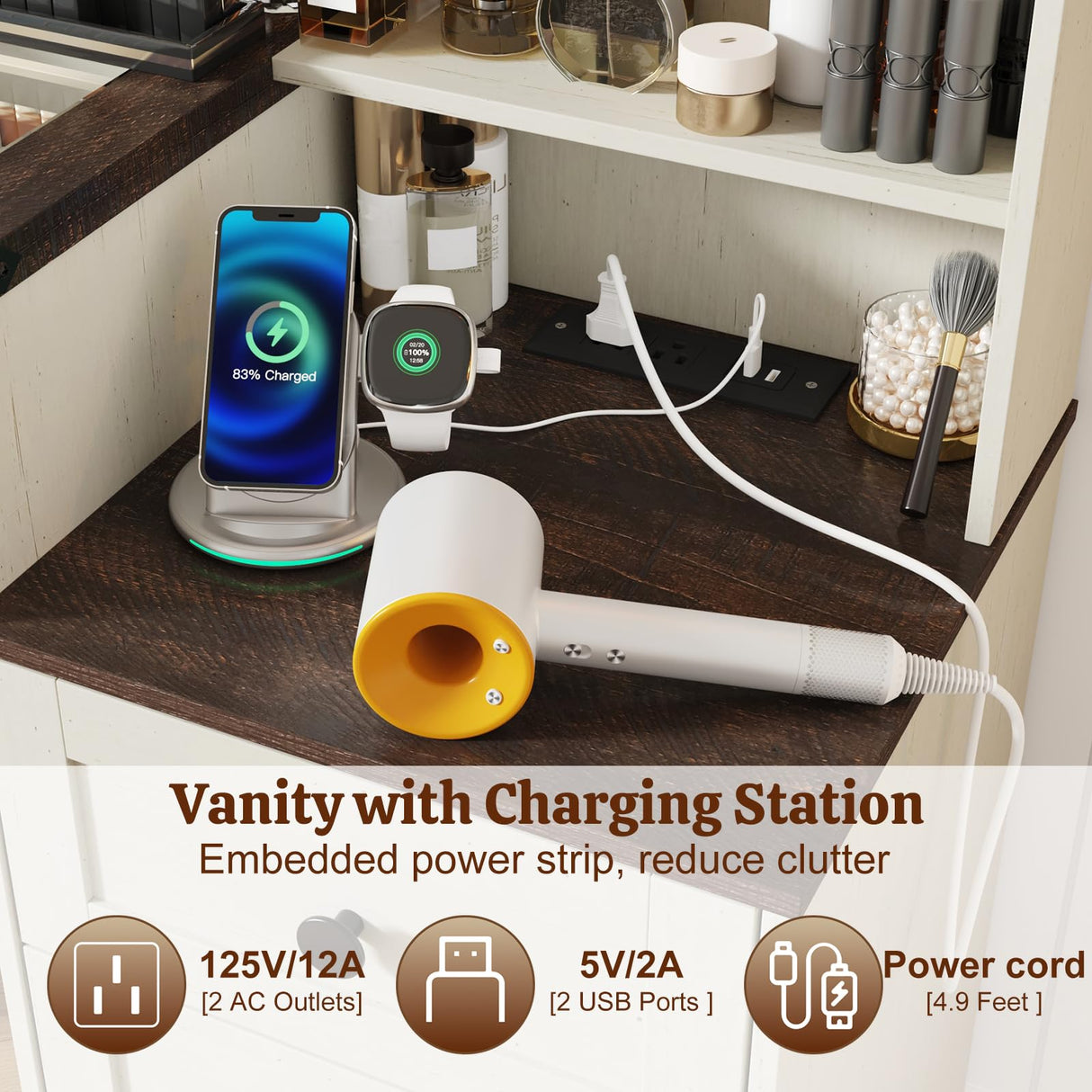 jiteentarou 60" Large Farmhouse Vanity Desk with LED Mirror, Lights and Charging Station, Glass Top Makeup Vanity Table w/8 Drawers, LED Glass Storage Cabinet, Dressing Table for Bedroom, Rustic White jiteentarou