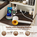 jiteentarou 60" Large Farmhouse Vanity Desk with LED Mirror, Lights and Charging Station, Glass Top Makeup Vanity Table w/8 Drawers, LED Glass Storage Cabinet, Dressing Table for Bedroom, Rustic White jiteentarou