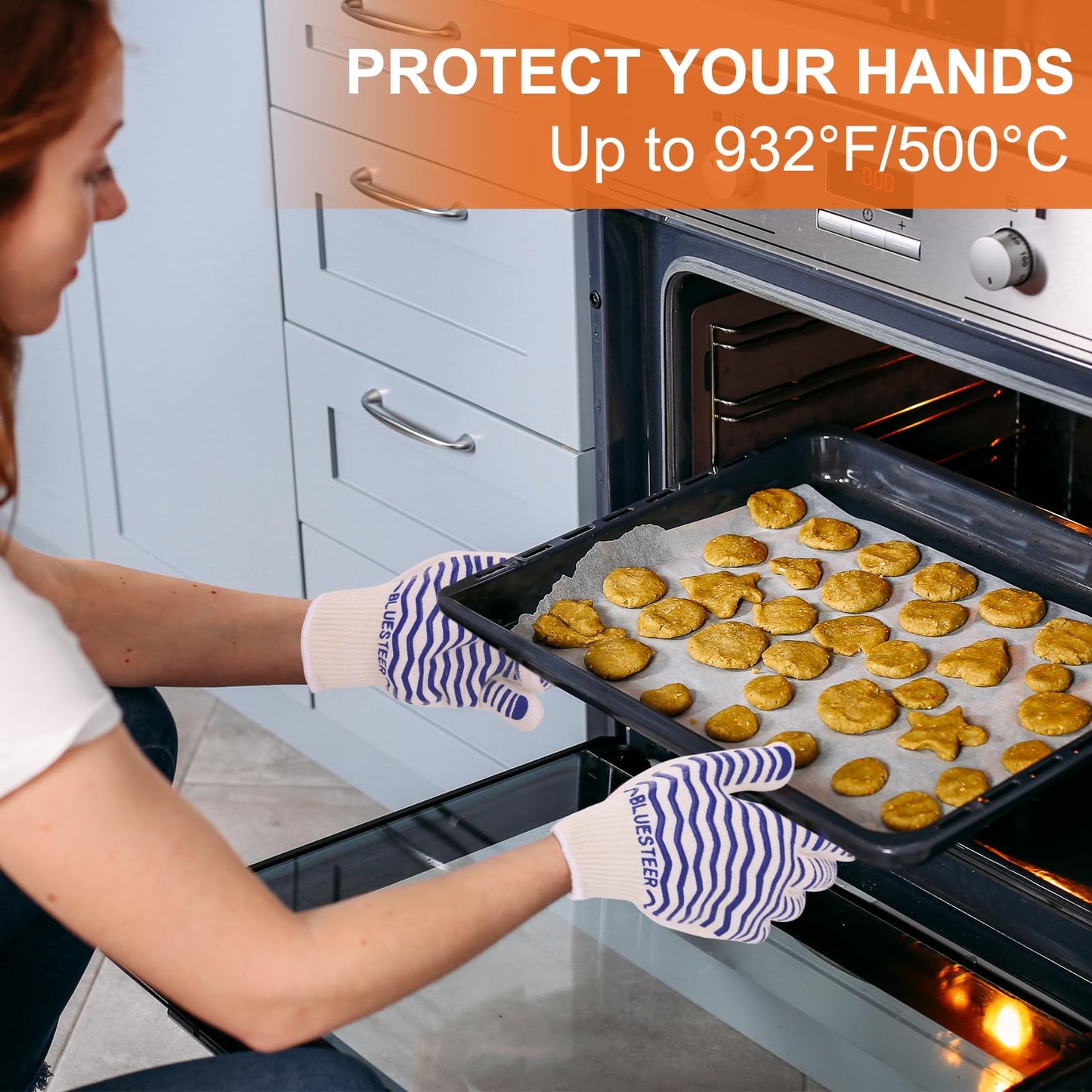 Oven Gloves, 932°F Heat Resistant Gloves, Oven Mitts with Fingers, Grill Gloves Heat Proof for Men Women, BBQ Gloves Silicone Grip, BLUESTEER Fireproof Gloves for Kitchen Cooking, Grilling, Baking