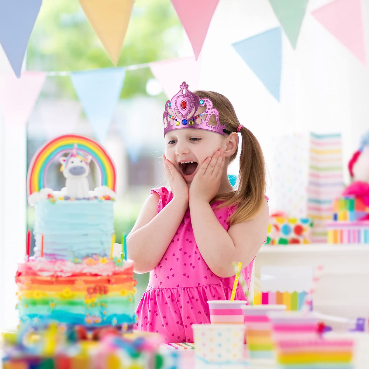 Epakh Princess Party Crowns Set, 27 Pcs DIY Crown with Diamond Stickers, Princess Party Supplies, Birthday Party Decoration Favor Supplies, Costume Headwear, for Children, Princess Fans Epakh