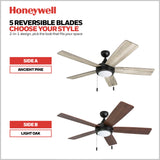 Honeywell Ceiling Fans Ventnor, 52 Inch Modern Farmhouse Indoor LED Ceiling Fan with Light, Pull Chain, Three Mounting Options, Dual Finish Blades, Reversible Motor - 50607-01 (Bronze) Honeywell