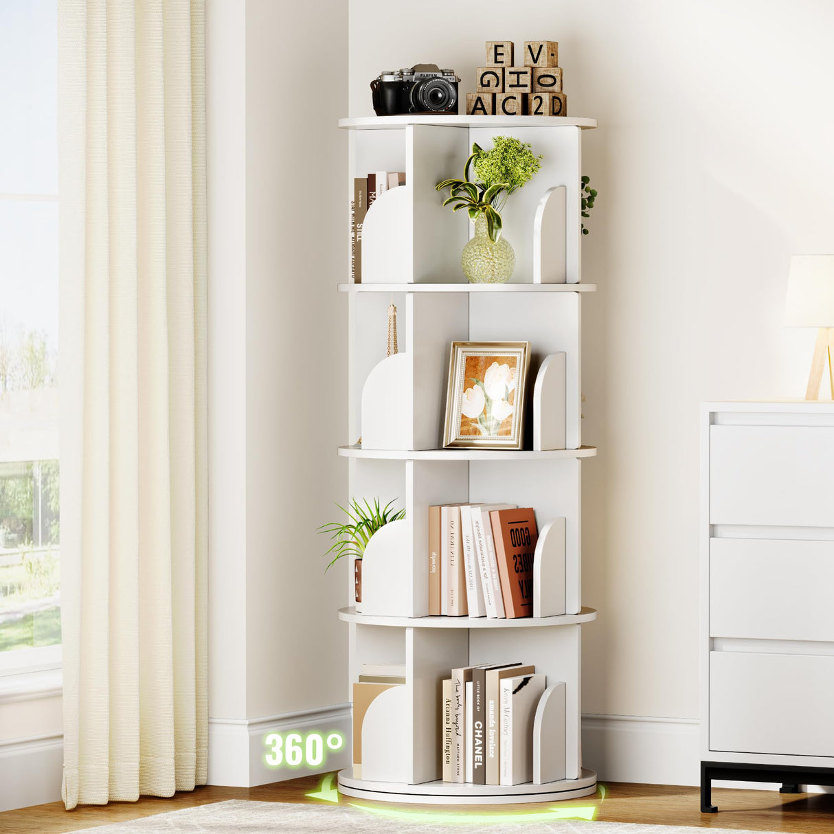 FOLINALA Rotating Bookshelf, Small Corner Bookcase with Storage for Small Space, 4 Tier 360 Spinning Bookshelf Tower, Revolving Book Shelf Organizer for Bedroom, Living Room and Study Room (White) FOLINALA