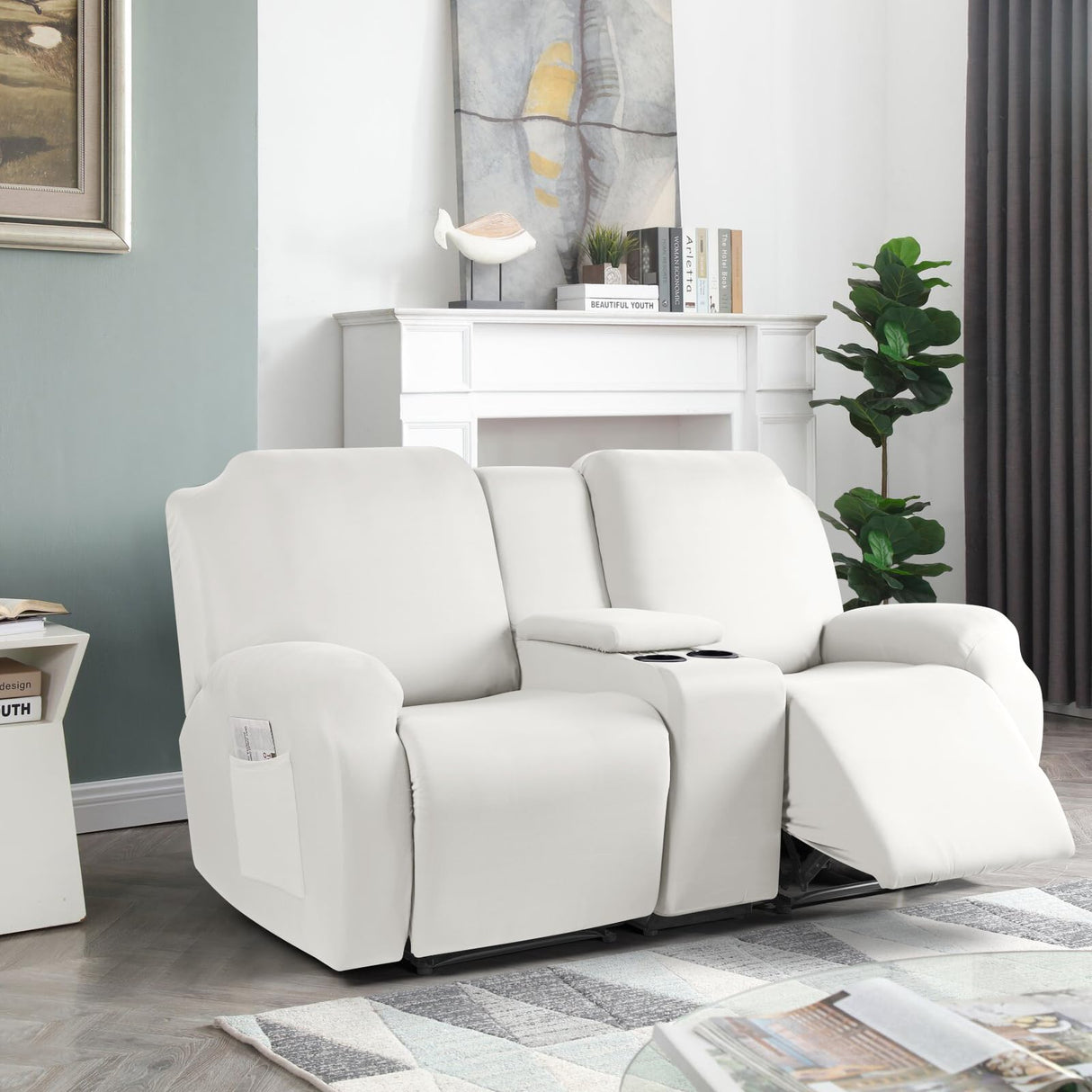 TAOCOCO Reclining Loveseat with Middle Console Slipcover, 4 Piece Polyester Fabric Stretch Loveseat Reclining Sofa Covers (Milk White, 2 Seat Recliner Cover with Console) TAOCOCO