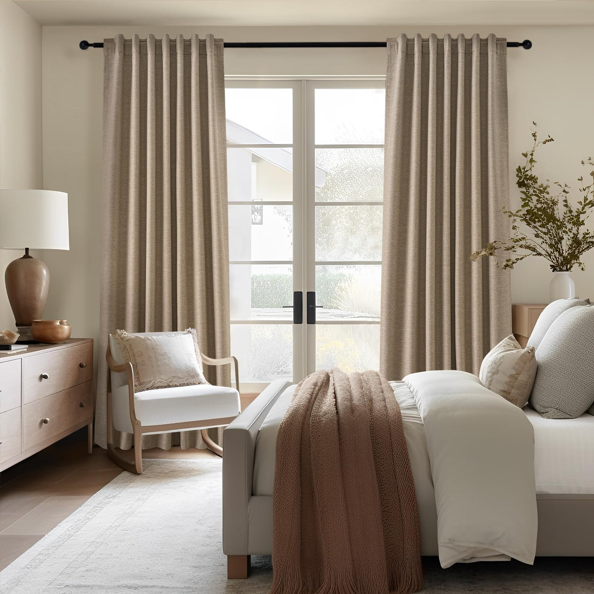 Topfinel Taupe Burlap Linen Blackout Curtains & Drapes 84 Inch Length 2 Panels Set, Flax Linen Brown Tan Beige Room Darkening Soundproof Cabin Curtains with Hooks Rings for Bedroom Living Room Topfinel