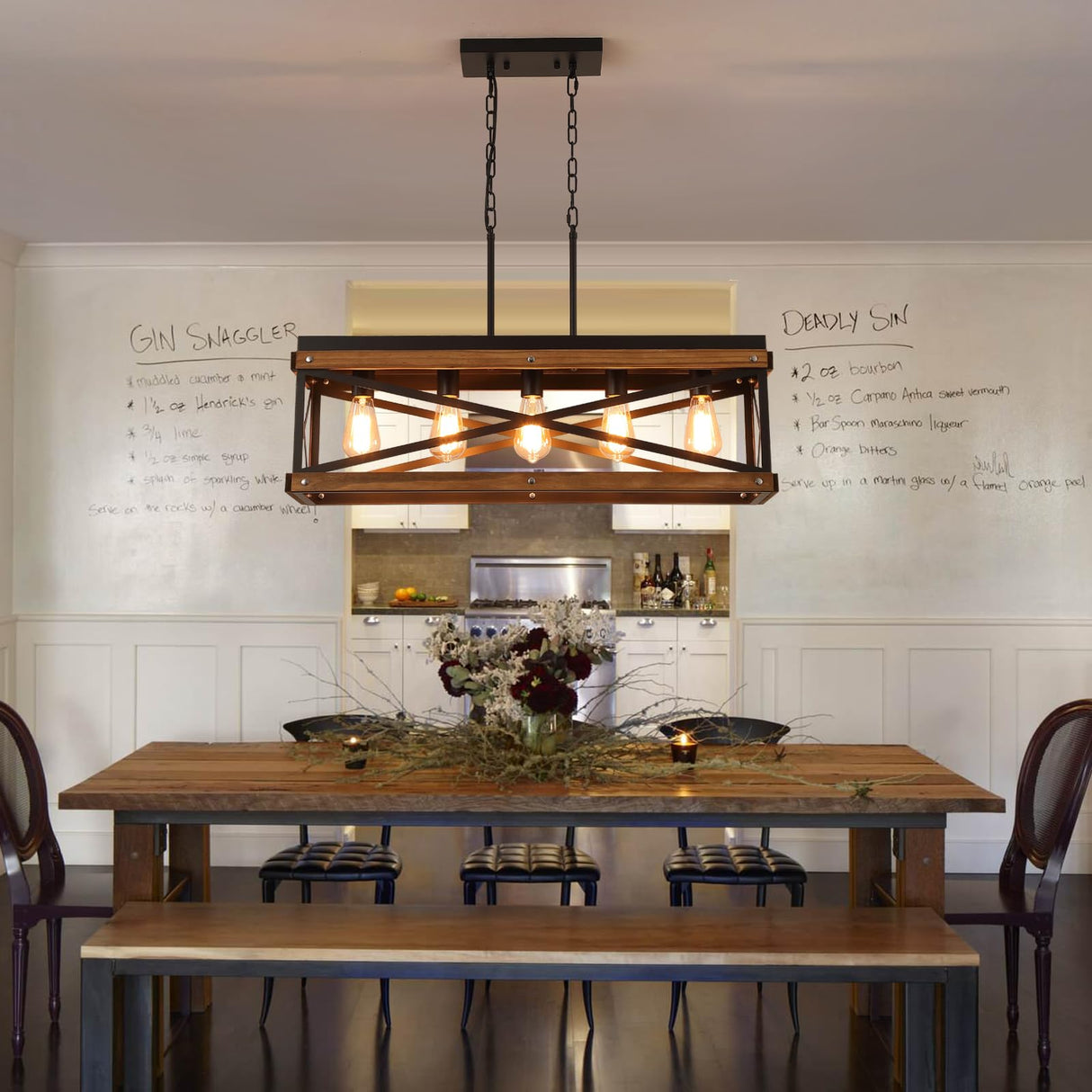 Rustic Farmhouse Wood Kitchen Island Lighting, 5 Lights Rectangular Pendant Light Fixture, Adjustable Chain Oak Wood and Metal Linear Chandelier for Dining Room Kitchen Island Farmhouse, Black RKUCSR