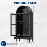 Hipicute Metal Storage Cabinet,73" Tall Arched Pantry Cabinet,Modern Farmhouse Arched Bookcase with Glass Door, 2 Adjustable Shelves & Drawers,Versatile Cupboard,Freestanding Display Cabinet Black Hipicute