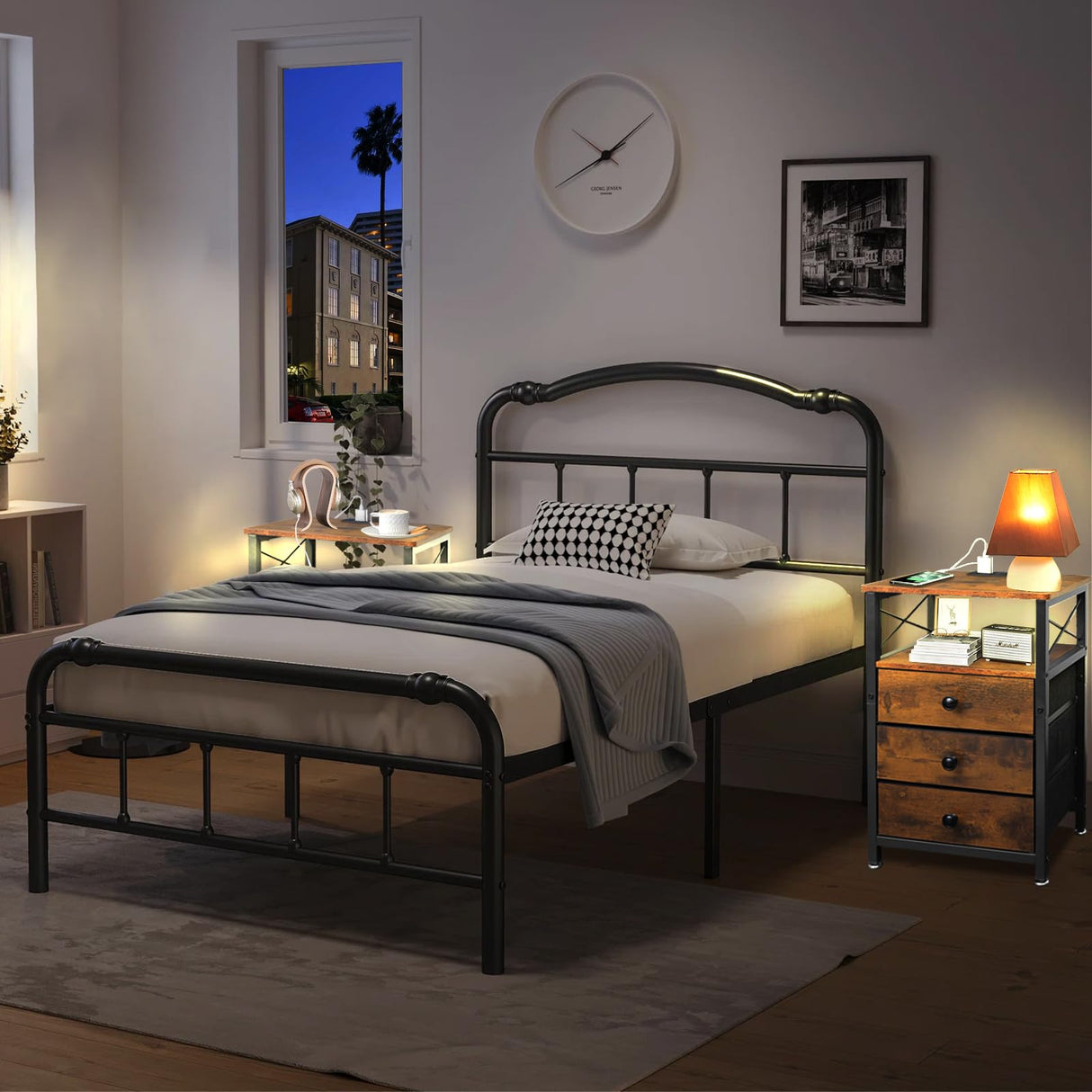 3 Drawer Wood and Metal Nightstand with LED Lights - 16"W×12"D×24"H Small Wood End Table with Charging Station, 20 Colors LED Bedside Table with Open Shelf, 3 Fabric Drawers with Wooden Front Panel Caredear