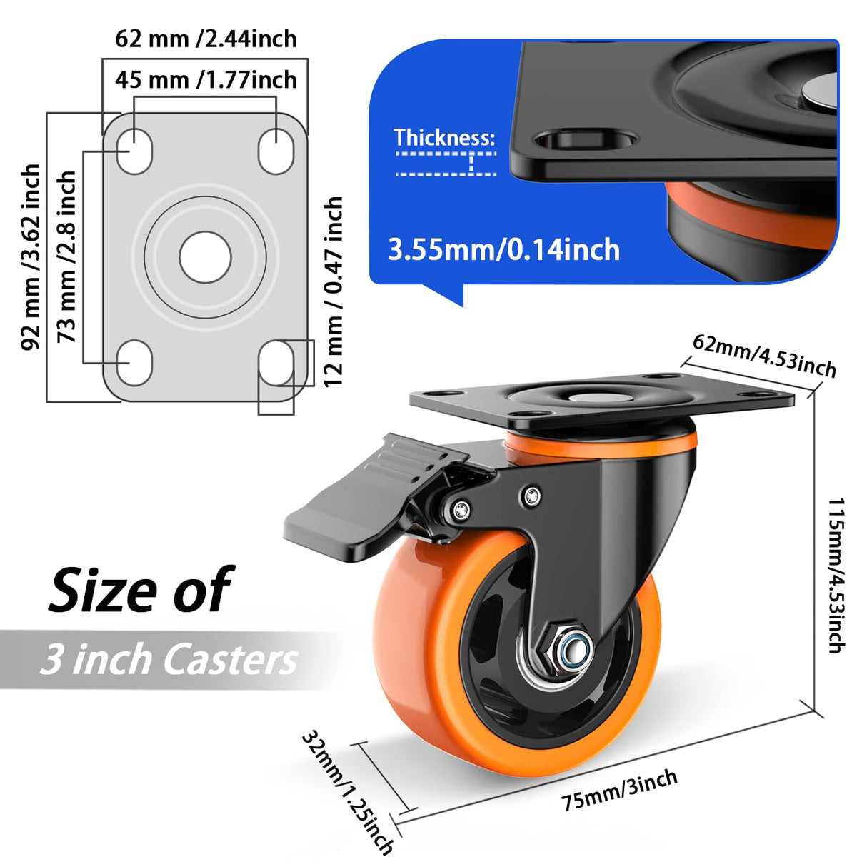 3 inch Casters Wheels, Heavy Duty Casters Set of 4, No Noise Industrial Casters Load 1600lbs with Brake, Swivel Industrial Plate Casters, Wheels for Cart Furniture(2 Hardware Kits & Gloves) LUTUMEI