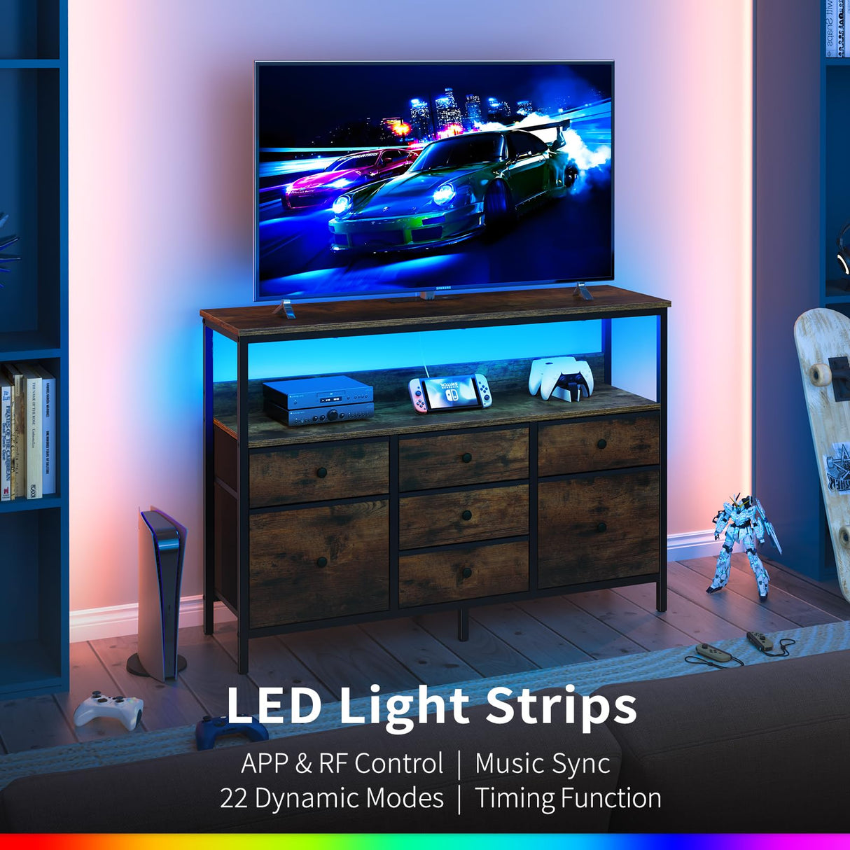 Yoobure TV Stand Dresser for Bedroom, 7 Fabric Drawers Entertainment Center, LED Dressers with Power Outlets, TV Stands for Living Room with Storage Shelf, TV Console Entertainment Stand up to 50" TV Yoobure