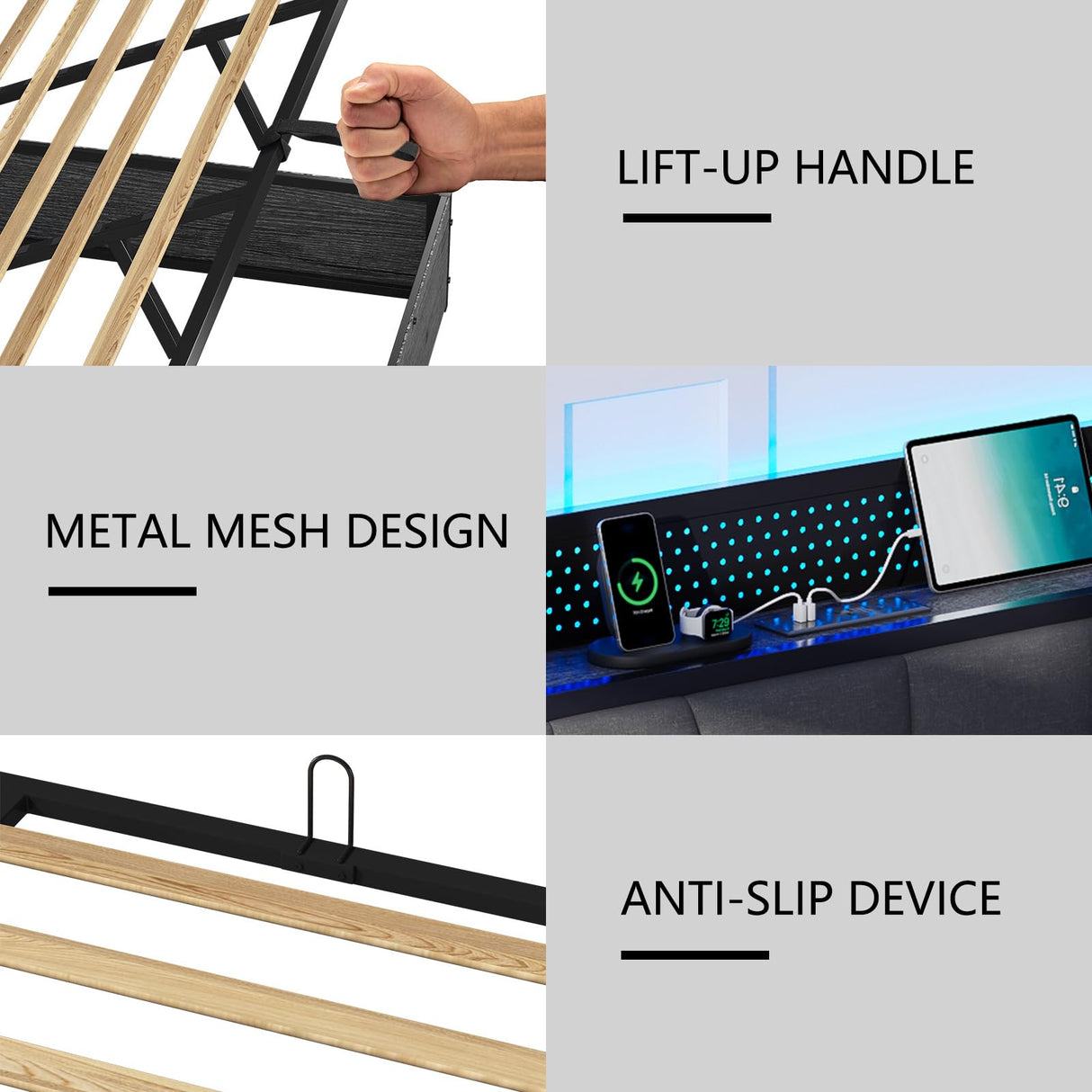 LUXOAK King Size Lift Up Storage Bed Frame with LED Lights, Linen Upholstered Headboard with Charging Station, Wooden LED Light Platform Bed Frame, No Spring Box Needed, Rustic Grey LUXOAK