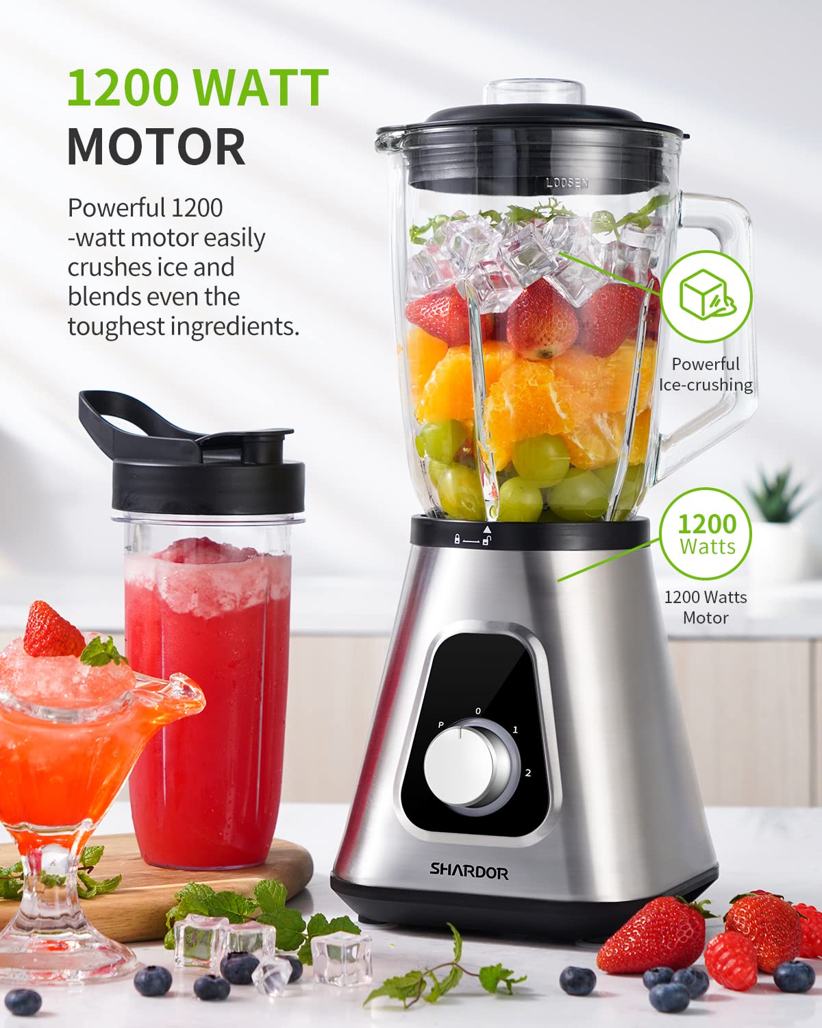 SHARDOR 1200W Blender for Shakes and Smoothies, 52 Oz Countertop Blender & 22 Oz Personal Blender Combo, 3 Adjustable Speed for Frozen Fruit Drinks, Smoothies, Sauces, Large Capacity