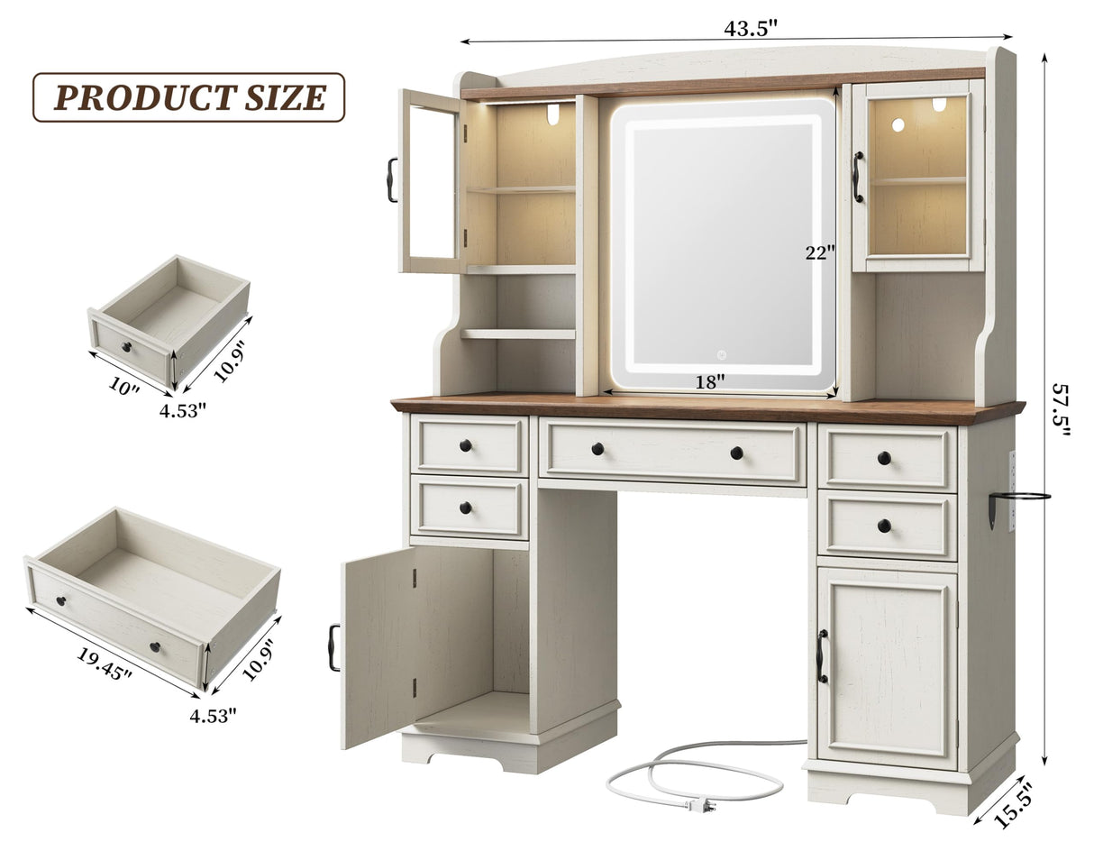 EnHomee Farmhouse Vanity Desk with LED Lighted Mirror, Makeup Vanity Table with RGB Cabinets and Lots Storage, 5 Drawers and 6 Storage Shelves for Bedroom and Dressing Room, White EnHomee