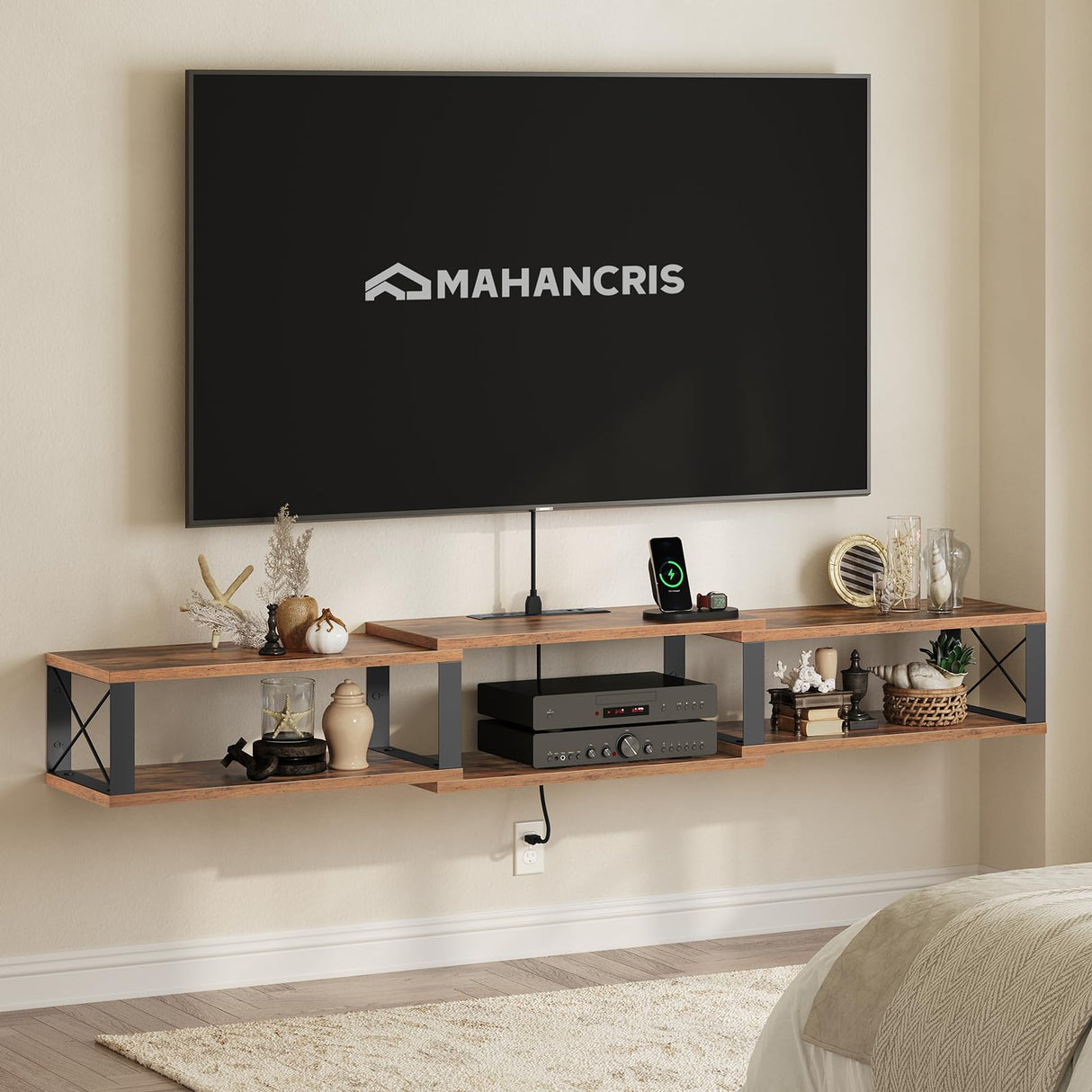 MAHANCRIS Floating TV Stand with Power Outlet, Wall-Mounted Entertainment Console Center with Storage, Floating TV Shelf for Under TV Storage, for Living Room, Bedroom, Rustic Brown TVHR103E01 MAHANCRIS
