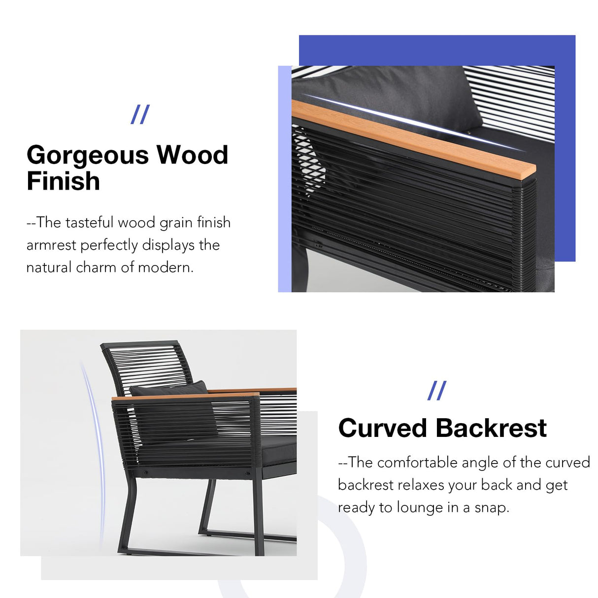 Patiorama 4 Piece Patio Furniture Set, Outdoor Wicker Bistro Set, All-Weather Black PE Rattan Conversation Set w/Coffee Table, Loveseat, Wood-Like Armrest, Cushions for Garden Balcony Deck, Dark Grey Patiorama