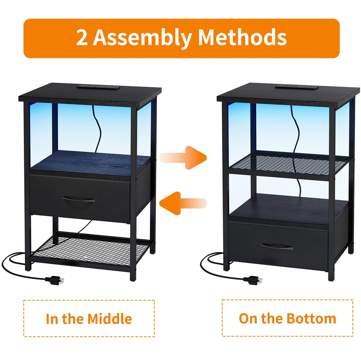 Fixwal Night Stand Set of 2 with Charging Station, LED Nightstand with Fabric Drawers, End Table with PU Finish, Bed Side Table, Black Fixwal