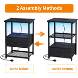 Fixwal Night Stand Set of 2 with Charging Station, LED Nightstand with Fabric Drawers, End Table with PU Finish, Bed Side Table, Black Fixwal