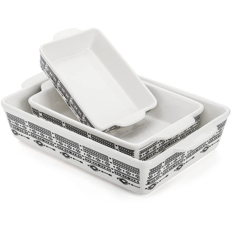 YOUEON Set of 3 Ceramic Baking Dish with Handles, Porcelain Bakeware Set with Boho Pattern, Casserole Dish, Lasagna Pans, Rectangular Baking Dish for Kitchen, Cooking, Cake Dinner Youeon