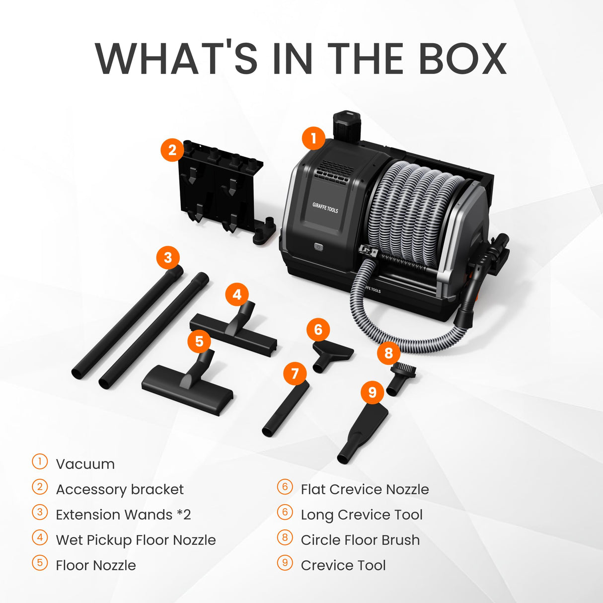 Giraffe Tools Grandstorm Retractable Vacuum Cleaner Wall-Mounted, Shop Wet Dry Vacuum Cleaner with 6 Nozzles for Car Detailing Remote Control Garage Vacuum, Grey Giraffe Tools