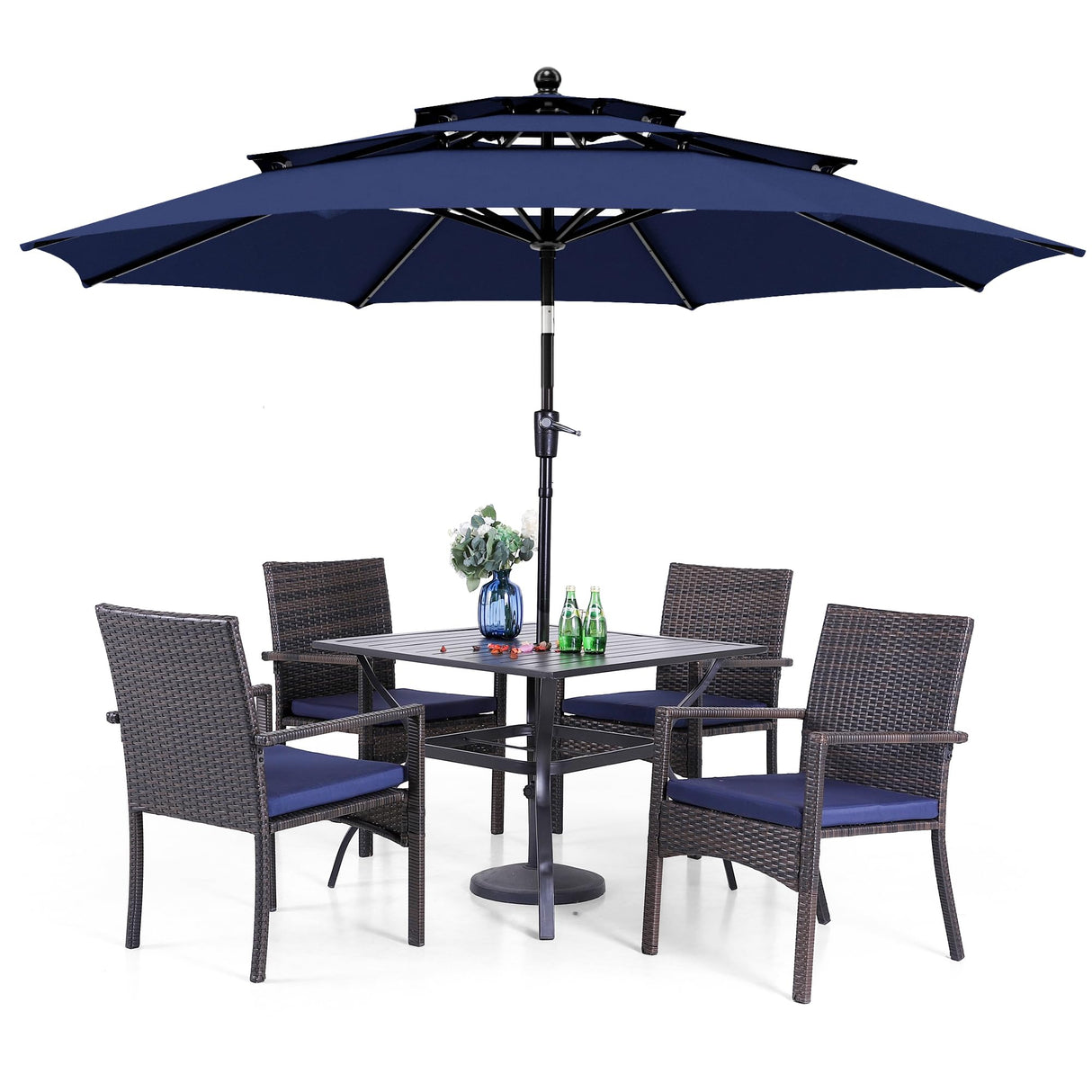 PHI VILLA 5 Piece Outdoor Dining Set with Umbrella, 37" Square Metal Dining Table & Cushioned Rattan Chairs with 10ft Blue Umbrella for Patio, Deck, Yard, Porch PHI VILLA