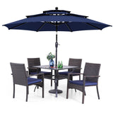PHI VILLA 5 Piece Outdoor Dining Set with Umbrella, 37" Square Metal Dining Table & Cushioned Rattan Chairs with 10ft Blue Umbrella for Patio, Deck, Yard, Porch PHI VILLA