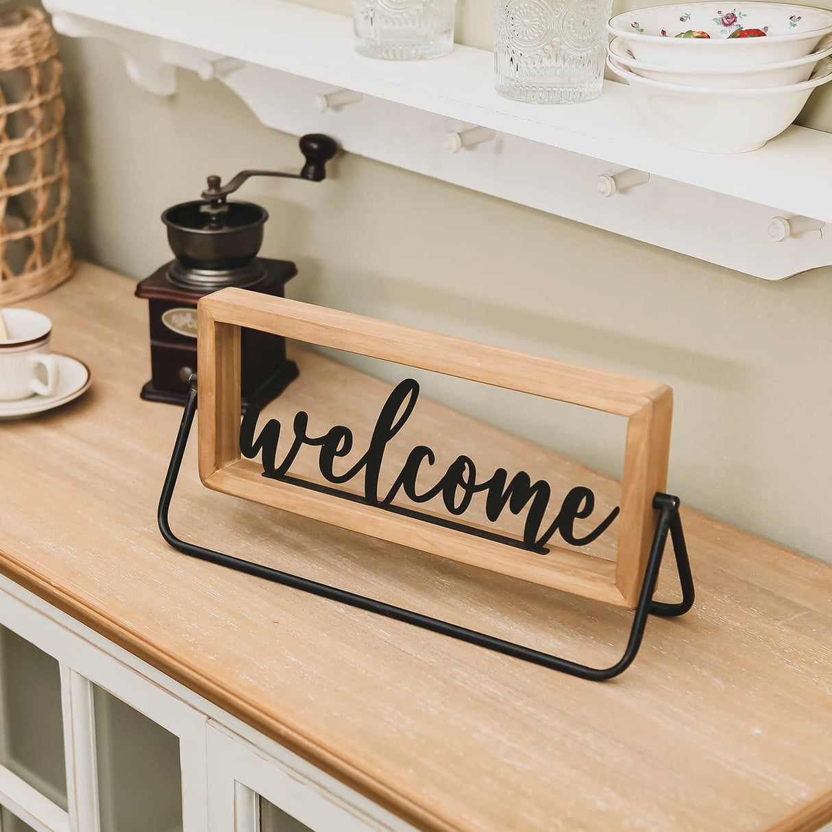 NIKKY HOME Rustic Wooden Home Sign Decorative Cutout Letters Freestanding Block Word Sign Hanging Ornament Table Shelf Decor (Welcome) NIKKY HOME