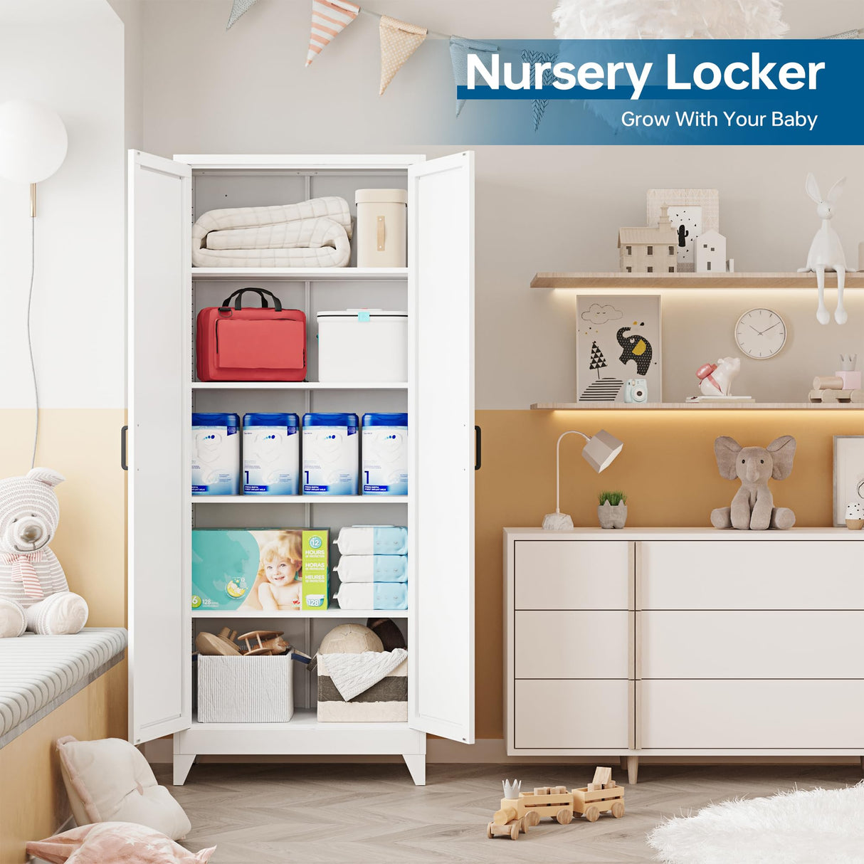 PEUKC 75" Farmhouse Metal Storage Cabinet with Doors and 4 Adjustable Shelves, Large Pantry Organizer for Kitchen, Dining Room, and Living Room,Assemble Require(White) PEUKC