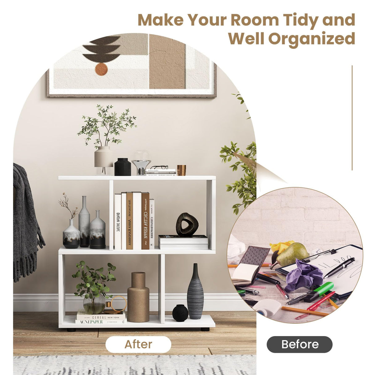 Tangkula 2 Tier Geometric Bookshelf, Freestanding Wood Display Shelf, Home Office Room Divider S Shaped Open Bookcase, Small Bookshelf for Small Spaces, Living Room, Study (White, 1) Tangkula