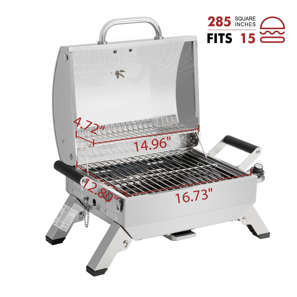 Grills House Stainless Steel Portable Grill with Two Handles and Travel Locks, Tabletop Propane Gas Grill with Folding Legs, 10000 BTU, for Picnic Cookout, GT2001, Silver Grills House