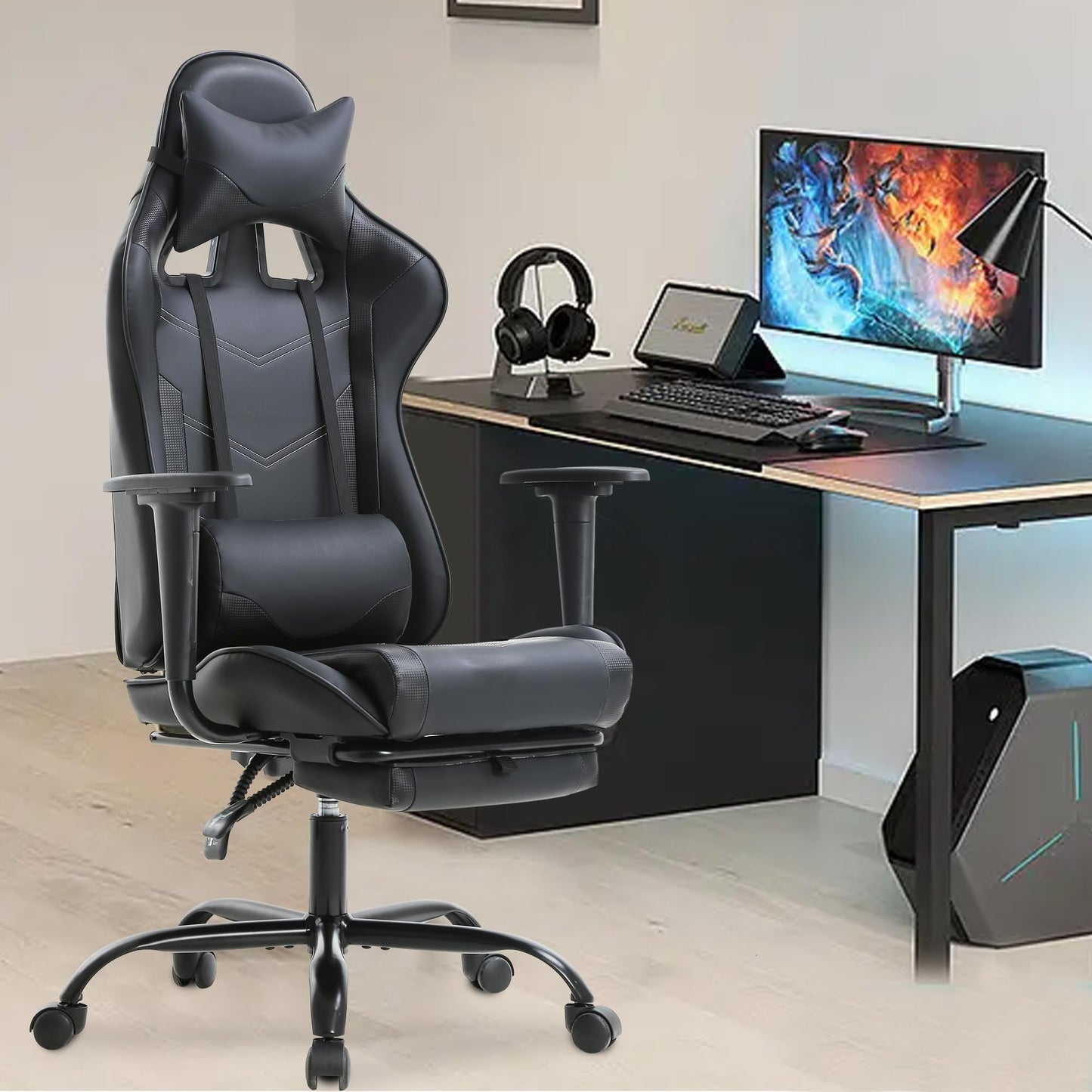 Gaming Chair, High Back PU Leather Gaming Chairs Computer Chair with Headrest & Lumbar Support, Height Adjustable Wide Seat Gamer Chair Gaming Chairs for Adults, Game Chair with Footrest & Armrest