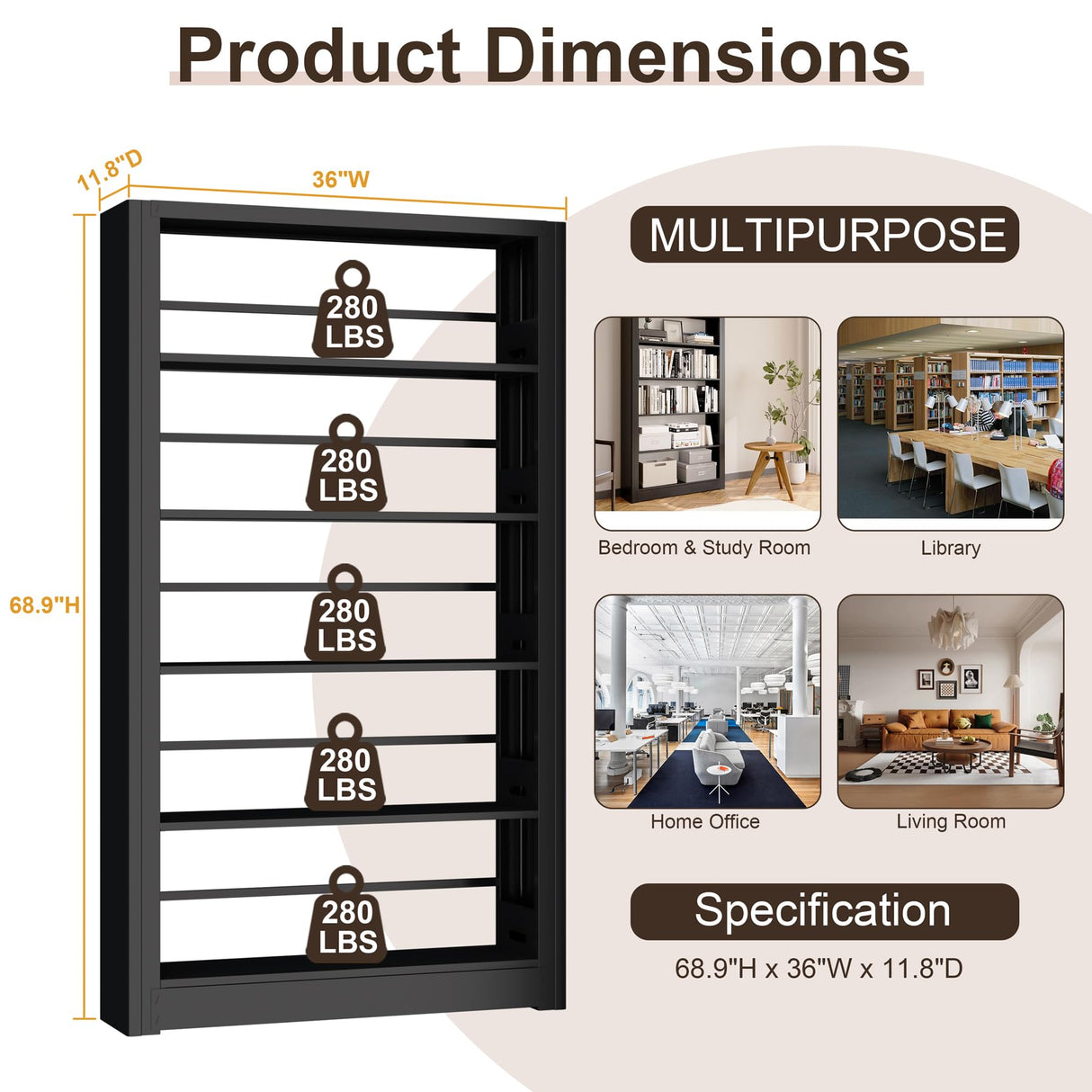 Metal Bookshelf,69" Tall Wide Industrial Bookshelf,5-Tier Sturdy Bookcase with Adjustable Shelves,Heavy Duty Strong open bookshelf,Black Bookcase with 6 Shelves for Office, Living Room, Library ZONLESON
